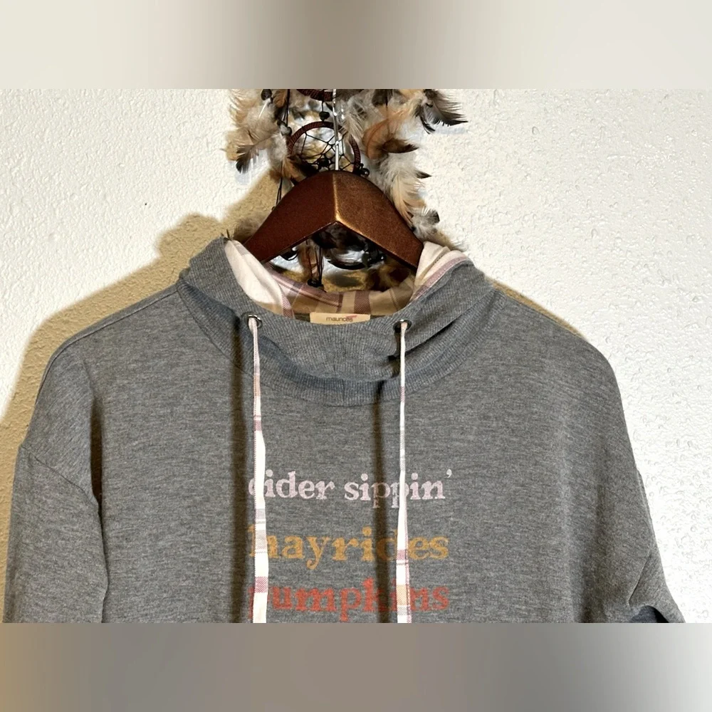 Maurices Fleece Hoodie with Plaid Hood Graphic Long Sleeve Sweatshirt Size M - Picture 4 of 16